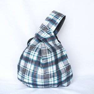 Japanese Knot Bag, Reversible, Project Bag, Purse, handbag, plaid, blue, gray, white