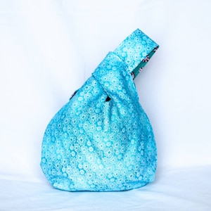 Japanese Knot Bag, Reversible, Project Bag, flowers, candy, peppermints, blue, red, white, sweets