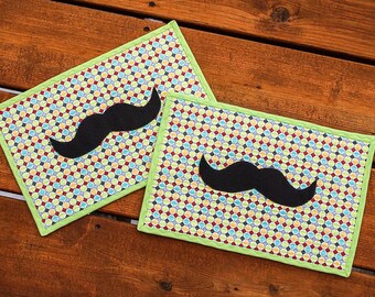 Quilted potholders, Quilted hot pads, mustache pot holders, set of 2