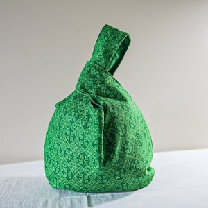 Japanse knooptas, omkeerbaar, projecttas, groen, smaragd, damast