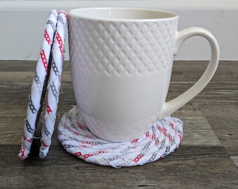 Clothesline Coasters, Coasters, Coiled Coasters, Scrappy Coasters,  Fabric coasters, Set of 3, white, red, gray