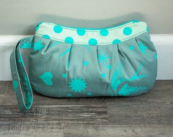 Buttercup Zipper Clutch Bag Purse, Pouch, Cosmetic Bag, Makeup Bag, Clutch, Buttercup Bag, Wristlet, zipper bag, Teal, Aqua, bird, star, dot