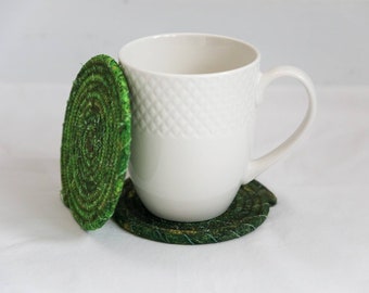 Clothesline Coasters, Coasters, Coiled Coasters, Scrappy Coasters,  Fabric coasters, Set of 2, green, St. Patrick's Day, emerald, Stonehenge