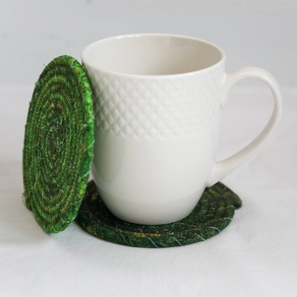 Clothesline Coasters, Coasters, Coiled Coasters, Scrappy Coasters,  Fabric coasters, Set of 2, green, St. Patrick's Day, emerald, Stonehenge