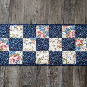 Mini Quilt, Table topper, table runner, reversible runner, mini dresser scarf, flower runner, Mackinac Island, blue, cream, flowers image 4
