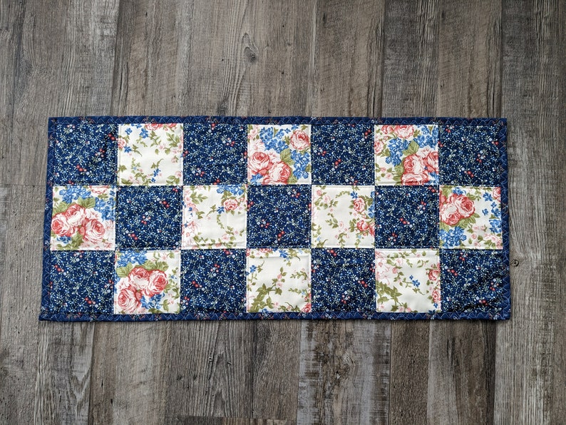 Mini Quilt, Table topper, table runner, reversible runner, mini dresser scarf, flower runner, Mackinac Island, blue, cream, flowers image 4