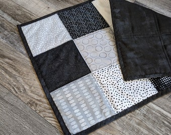 Small Quilt, Table topper, table runner, reversible runner, small dresser scarf, black, gray, arrows, dots, circles, modern table runner