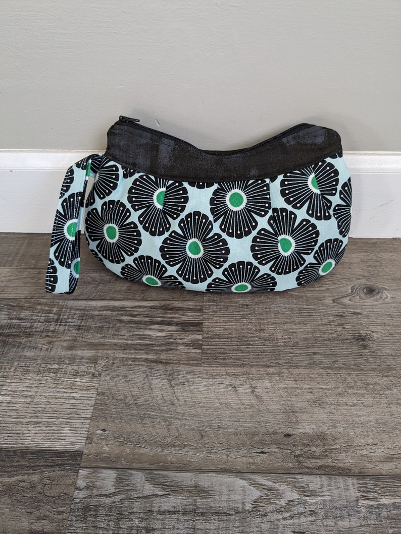 Buttercup Zipper Clutch Bag Purse, Pouch, Cosmetic Bag, Makeup Bag, Clutch, Buttercup Bag, Wristlet, zipper bag, black, green, flower damask image 7