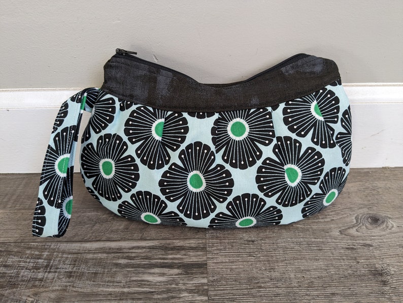 Buttercup Zipper Clutch Bag Purse, Pouch, Cosmetic Bag, Makeup Bag, Clutch, Buttercup Bag, Wristlet, zipper bag, black, green, flower damask image 8