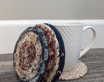Clothesline Coasters, Coasters, Coiled Coasters, Scrappy Coasters,  Fabric coasters, Set of 5, patriotic, red, white and blue, America