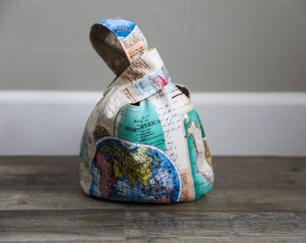 Japanese Knot Bag, Reversible, Project Bag, journalist, newspaper print, map, atlas, geography, globe