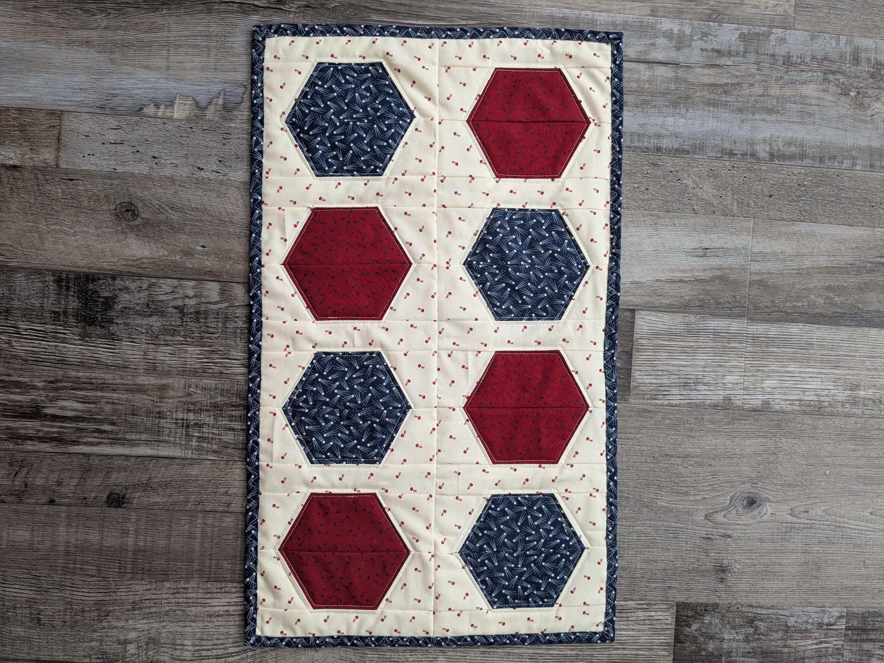 Reversible Americana Quilt Table Runner, Red White Blue Hexagon Print ...
