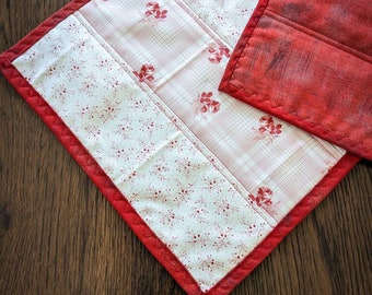 Mini Quilt, Table topper, table runner, Springtime, reversible runner, mini dresser scarf,  Valentine's Day, red flowers, long table runner