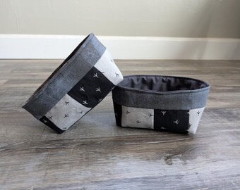 Mini Basket, Small Basket, Organizers, Quilted Baskets, Set of Two, Black, gray, white