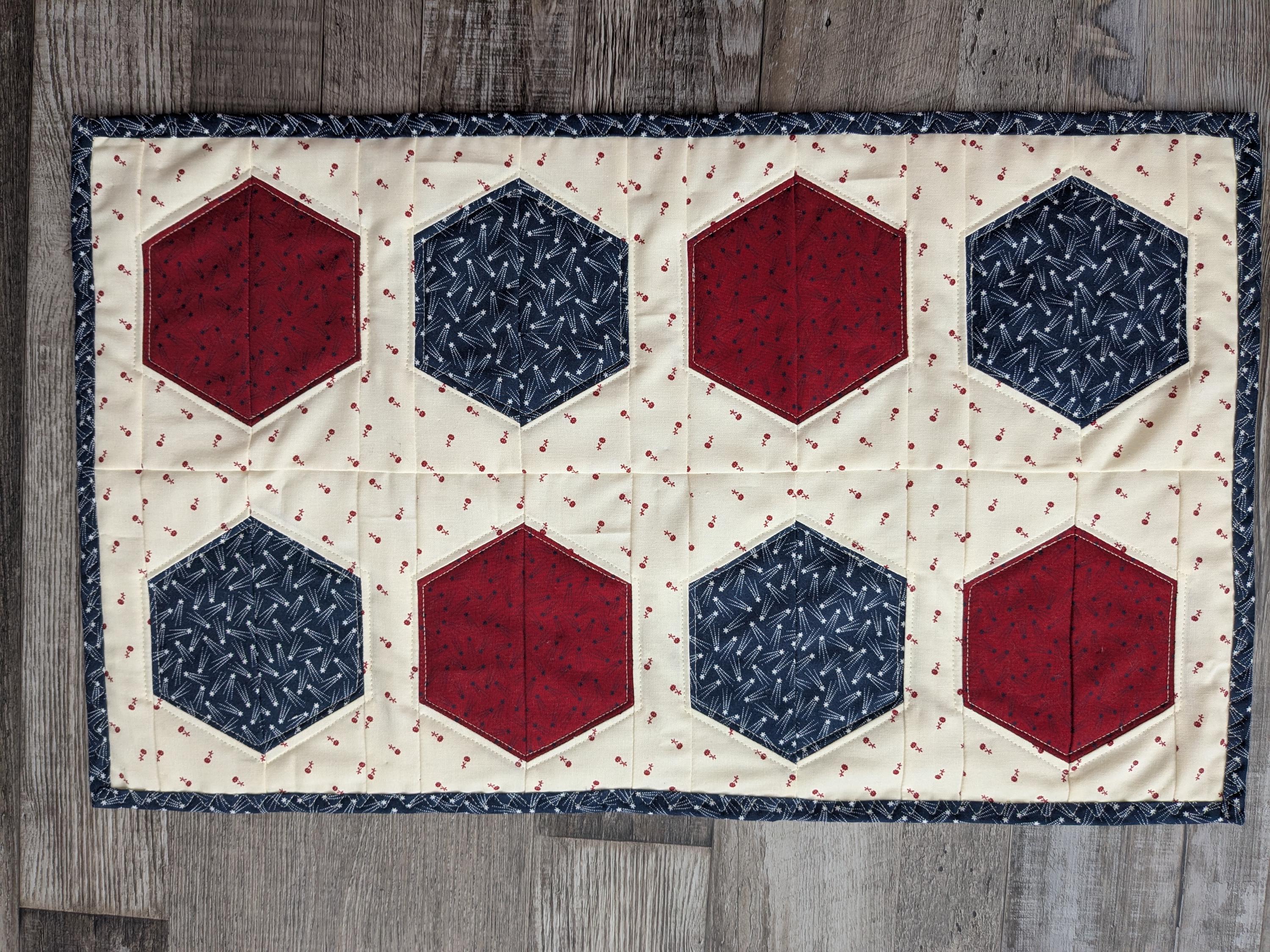 Reversible Americana Quilt Table Runner, Red White Blue Hexagon Print ...