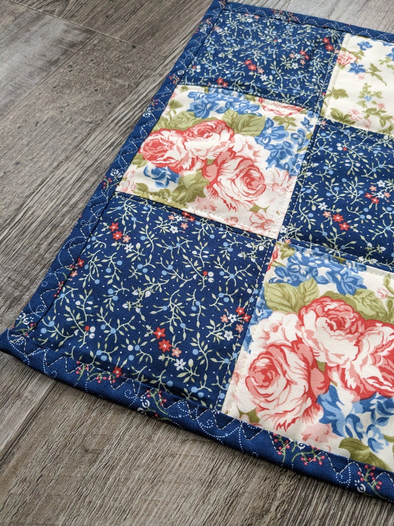 Mini Quilt, Table topper, table runner, reversible runner, mini dresser scarf, flower runner, Mackinac Island, blue, cream, flowers image 5