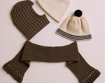 1970s Knitting Pattern PDF: Balaclava Helmet, Caps, Fringed Scarf Set (Digital Download)