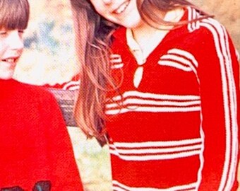 Vintage 1970s Striped Sporty Sweater Knitting Pattern PDF Red White Stripe V Neck Teen Girls Jumper Retro Instant Digital Download