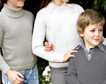 Vintage Children's Sweater Knitting Pattern PDF, Crew Neck Polo Neck & V Neck Jumper, Boys Girls Pullover, Retro Kids Knit