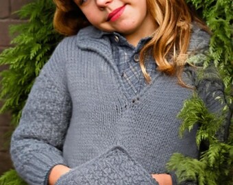 Vintage 1970s Girls Pouch Pocket Sweater Knitting Pattern PDF | Chunky Kangaroo Pocket Jumper Collar Children | Instant Digital Download