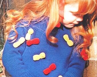Vintage 1980s Girls Bow Sweater Knitting Pattern PDF | Cobalt Blue Scattered Bow Appliqué Jumper Children | Novelty Knit | Instant Download