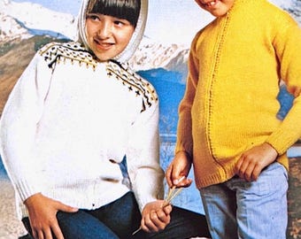 Vintage Hooded Jacket and Leg Warmers Knitting Pattern PDF - Retro Nordic Ski Sweater Set for Children, Instant Download
