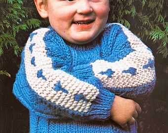 Vintage 1980s Boys Contrast Sleeve Panel Sweater Knitting Pattern PDF Chunky Rollneck Jumper Colour Work Children Instant Digital Download