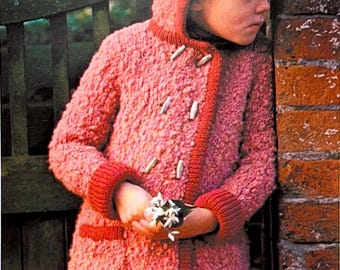 Vintage 1970s Girls Hooded Coat Knitting Pattern PDF Bouclé Texture Toggle Jacket Hood Pockets Children Winter Knit Instant Digital Download