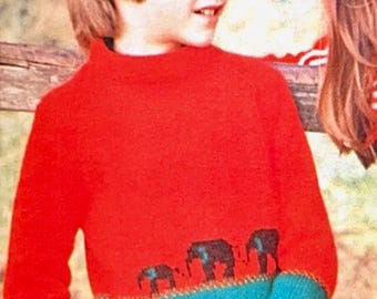 Vintage 1970s Elephant Motif Sweater Knitting Pattern PDF Intarsia Animal Jumper Children Boys Girls Colour Block Instant Digital Download