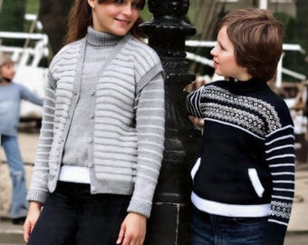 Vintage 1980s Kids Stripe Waistcoat & Fair Isle Sweater Knitting Pattern PDF | Boys Girls Rollneck Nordic Yoke | 2 Patterns Instant Download