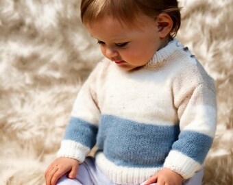 Vintage 1980s Baby Colour Block Stripe Sweater Knitting Pattern PDF Cream Blue Shoulder Button Newborn Toddler Baby Shower Instant Download