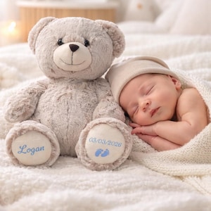 May include: A plush, light gray teddy bear with the name "Logan" and the date "03/03/2026" printed on its paws, next to a sleeping infant wrapped in a cream-colored blanket and wearing a matching cap. The scene is set on a soft, white surface.