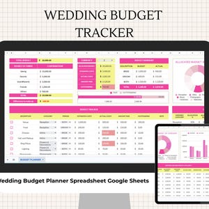 Puede incluir: Un monitor de ordenador y una tableta que muestran una hoja de cálculo de seguimiento del presupuesto de boda. La hoja de cálculo es rosa y amarilla con datos financieros. El texto de la parte superior dice "WEDDING BUDGET TRACKER". El texto inferior dice "Wedding Budget Planner Spreadsheet Google Sheets."
