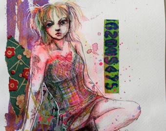 Original Small Mixed media Painting Drawing