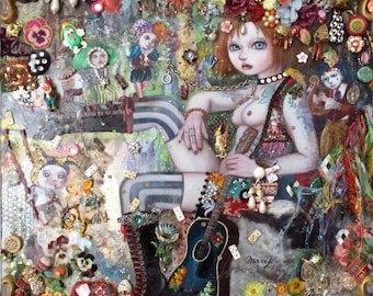 Original mixed media collage Painting Girl Clown Assemblage