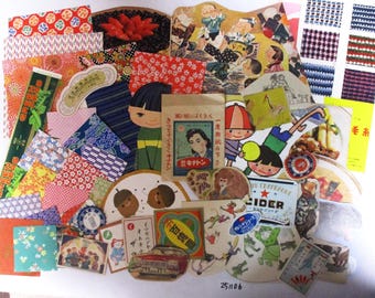 May include: A collection of vintage ephemera, including patterned paper scraps, illustrations of children, and Japanese text. Features a green package with text and a brown paper bag with a woman's portrait. A vibrant mix of colours and designs.