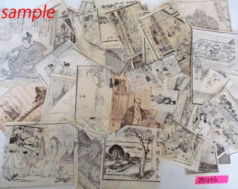 100plus 1800s Antique Junk Japanese WASHI wood block print illustration small cut out Paper Ephemera Scrap Random Assorted 251256