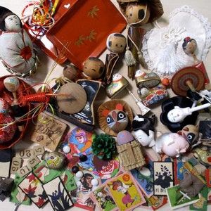 Antique Destash Junk Drawer Assemblage Toy Mingei Kokeshi dolls collection instantanée
