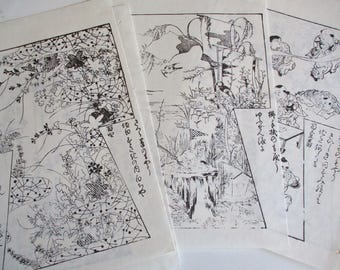 15pages vintage Japanese WASHI wood block print KIMONO Design illustration book pages Paper Ephemera 24098
