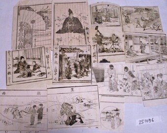 Könnte beinhalten: Eine Sammlung japanischer Holzschnitte im Vintage-Stil, die verschiedene Szenen des täglichen Lebens und Landschaften zeigen. Die Schwarz-Weiß-Drucke weisen detaillierte Illustrationen und japanischen Text auf. Das Papier hat ein gealtertes Aussehen.