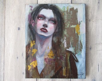 Puede incluir: Pintura al óleo original sobre lienzo. La obra representa a una mujer con cabello oscuro y labios rojos, mirando hacia arriba. La pintura presenta una paleta de marrones, azules y acentos de pan de oro, creando un retrato texturizado y expresivo.