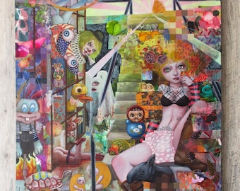 Original Mixed media oil collage painting