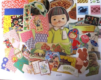 May include: A collage of vintage Japanese ephemera featuring a central illustration of a child in a yellow dress. The collage includes various paper scraps with floral patterns, food illustrations, and other charming vintage graphics. The number "251105" is visible.