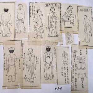 12 st jaren 1900 antieke Japanse WASHI-houtblok print illustratie klein uitgesneden papier Ephemera schroot 25301