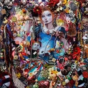 Original mixed media collage Painting &quot;Wonderland&quot; Girl Clown Assemblage