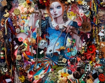 Collage originale a tecnica mista Pittura "Wonderland" Ragazza Clown Assemblage