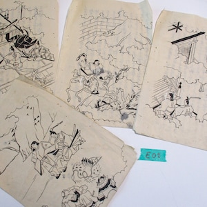 4 pagine del 1900 antico giapponese WASHI disegno a mano originale UKIYO-E illustrazione pagine di libri Carta Ephemera Scrap