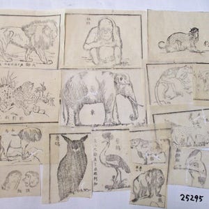 15 peças 1898s Antigo japonês WASHI bloco de madeira impressão animal ilustração pequeno recorte papel efêmero sucata 25295