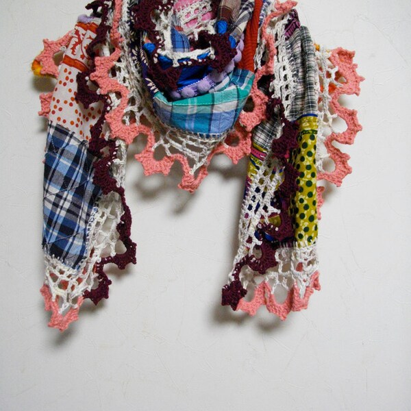 SALE - Bohemian Gypsy Cotton Hand Crochet Patchwork Scarf