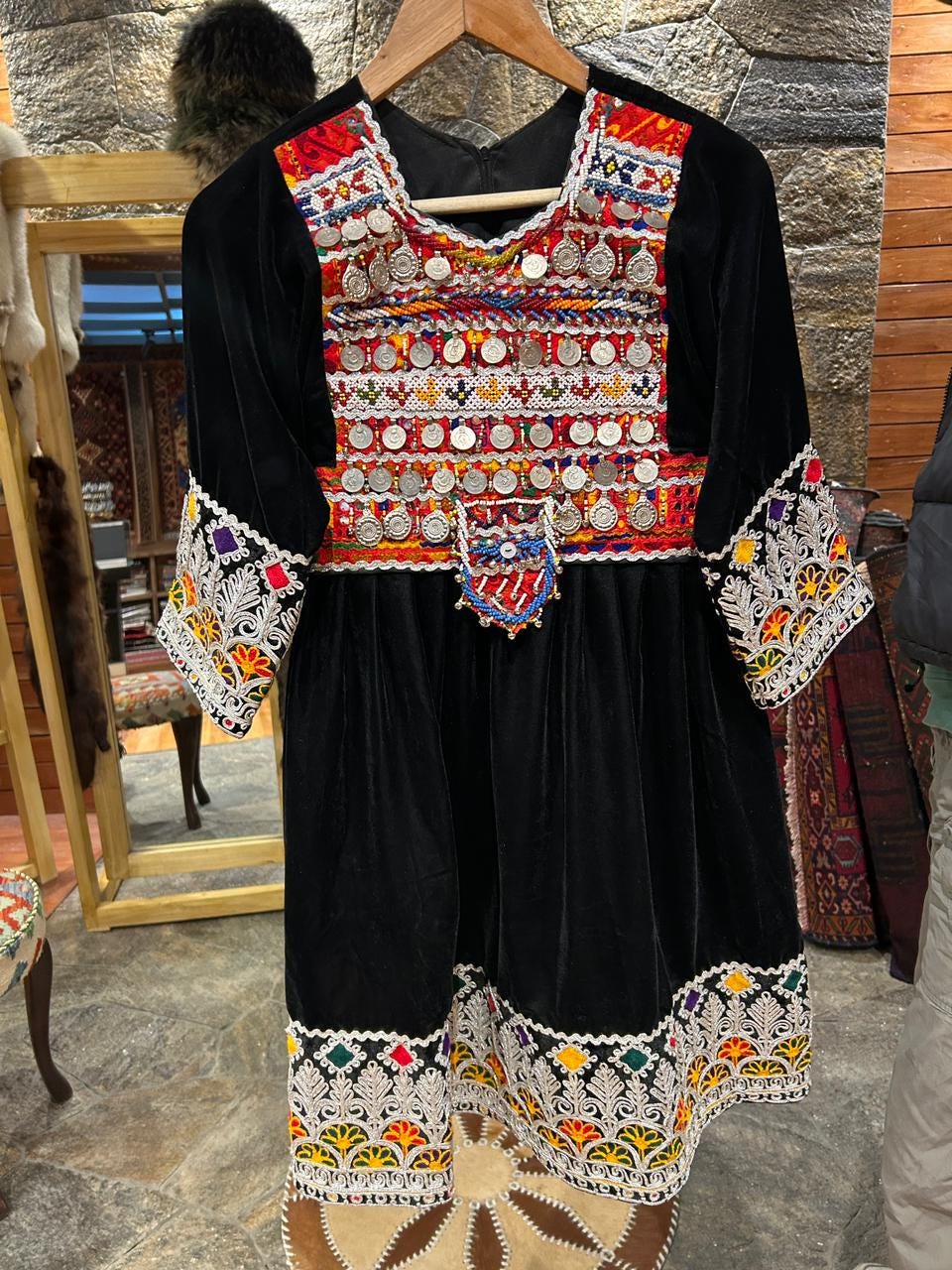 green emerald velvet dress Black Tribal Embroidery Dress